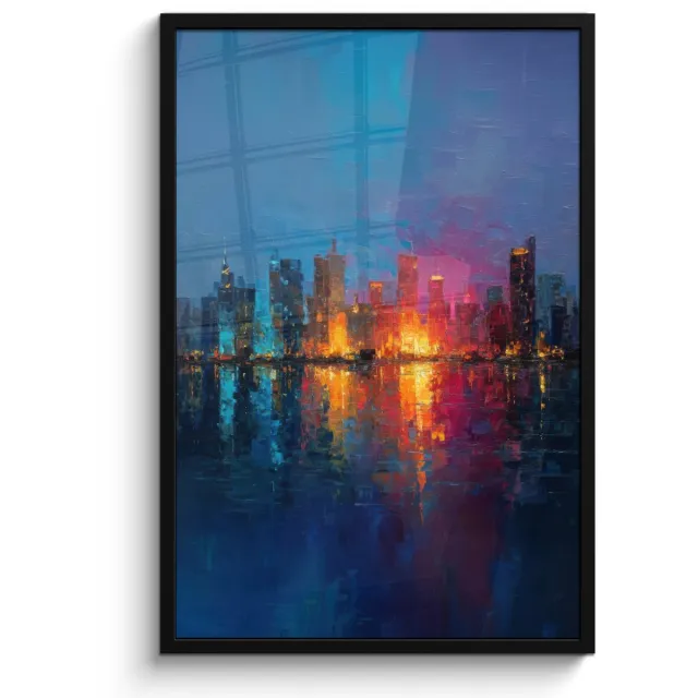 FrameYourWall Poster in lijst - Fotolijst 60x90 cm - Posters - Skyline - Penseelstreken - Donkerblauw - Lichtgevend - Posterlijst zwart - Decoratie - Wanddecoratie woonkamer - Muurdecoratie slaapkamer