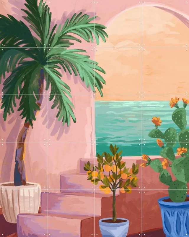 IXXI Stairway to Paradise, Goed Blauw - 80 x 100 cm - Grote wanddecoratie en posters - Digitale Kunst, Illustraties, Speels, Trap, Woonkamer, Cactus Roze / Blauw / Groen