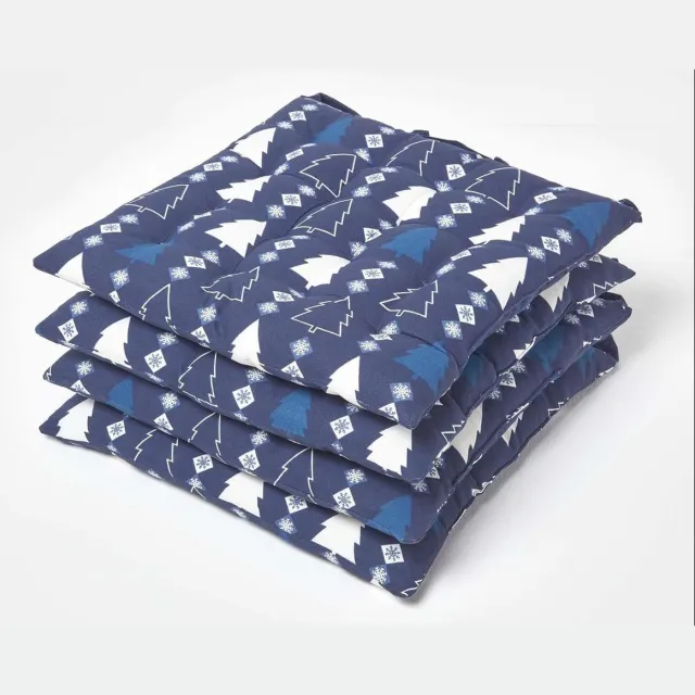 Homescapes Kerststoelkussen Winterland met linten, blauw, 40 x 40 cm