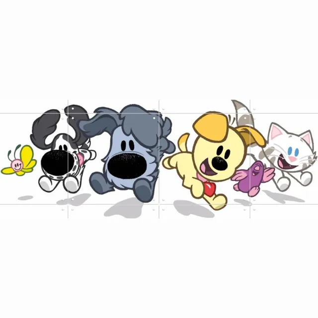 IXXI Woezel & Pip en hun Vriendjes, Woezel & Pip & Van Hoorne Studios - 80 x 60 cm - Grote wanddecoratie en posters - Illustraties, Cartoonesk Wit / Blauw / Grijs