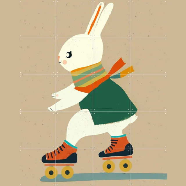 IXXI Inline Skating Bunny, Treechild & Various - 80 x 100 cm - Grote wanddecoratie en posters - Speels, Cartoonesk, Illustraties, Kleurrijk, Grafisch Groen