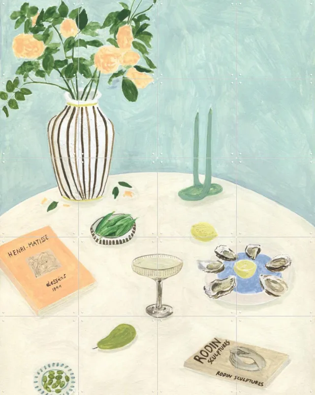 IXXI Oysters and Art Books, Isabelle Vandeplassche - 80 x 100 cm - Grote wanddecoratie en posters - Aquarel, Illustraties, Woonkamer, Eetkamer Lichte tinten / Groen