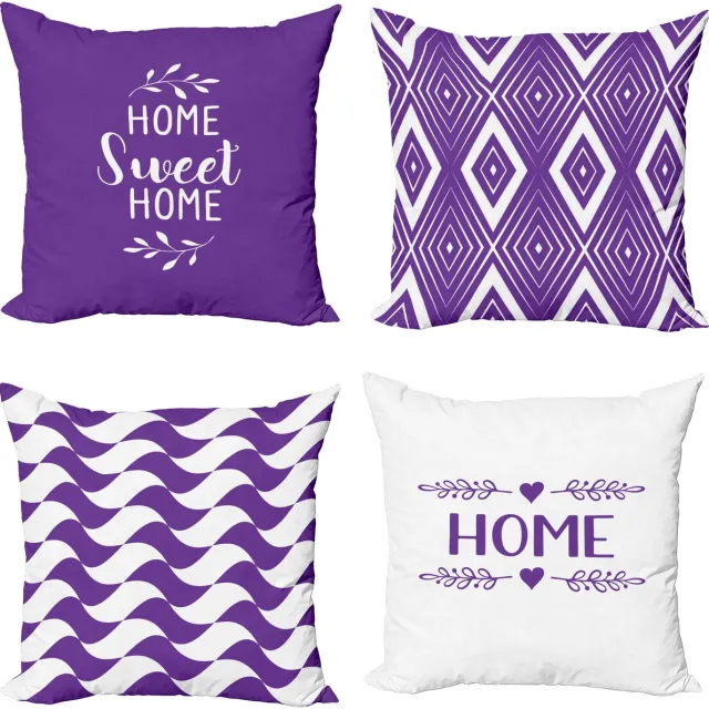 New Bed Paars en Wit Thuis Zin en Woord Lettering met Rhombus Ruit Kussenhoes met sierkussen, 4-pack, modern accent, dubbelzijdig digitaal bedrukt, 50 cm x 50 cm Violet