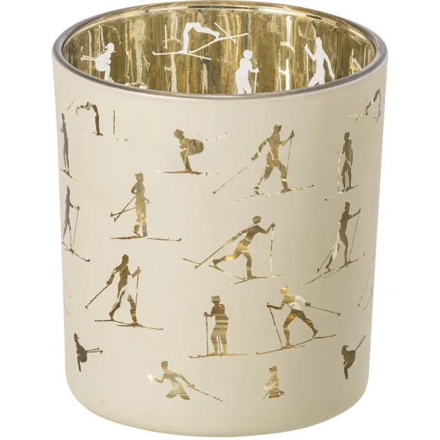 J-Line kaarshouder Skiers - glas - ecru/goud - small - 4 stuks Beige