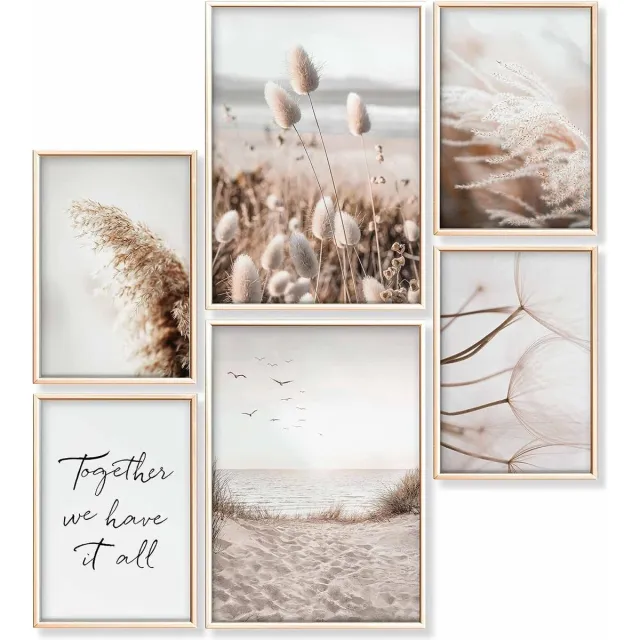 Heimlich Premium posterset zonder fotolijst | 2 x DIN A3 & 4 x DIN A4 - ca. 30x42 & 21x30 | Stijlvolle postercollages met bijpassende prints als wanddecoratie » Oplettend Beige Strand «