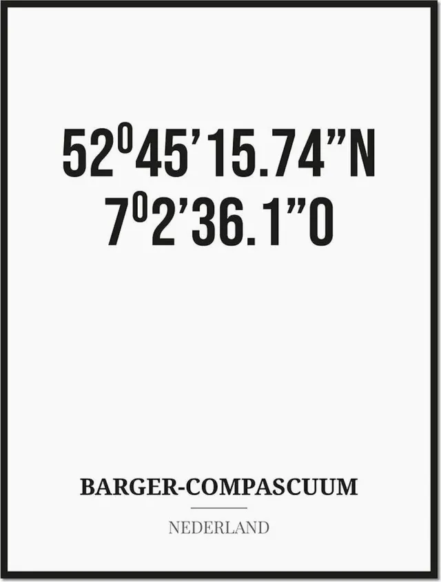 Studio216 Poster/kaart BARGER-COMPASCUUM met coördinaten zwart, wit