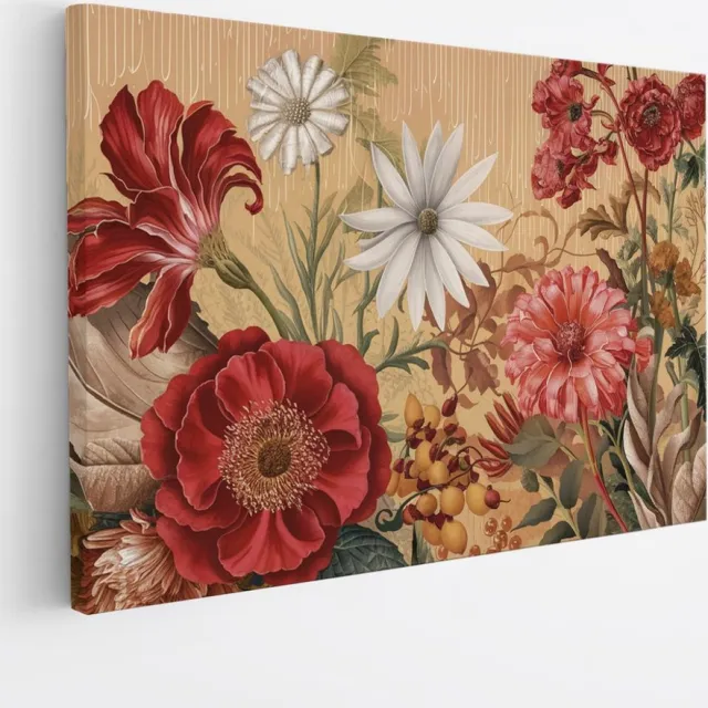 Saammp Canvas Schilderij - Klassieke Bloemenpracht Rood en Wit - Natuur - Stilleven - 100x75 - Foto op canvas - Wanddecoratie - Muurdecoratie Woonkamer - Kantoor Decoratie Multicolor