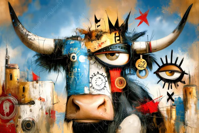 John Joseb Art (Glas) 120x80 | Gekke grappige koe /stier met groot oog, humor, kleurrijk, abstract, kunst, dier, wit, rood, bruin, blauw, modern | Foto-schilderij-glasschilderij-acrylglas-acrylaat-wanddecoratie Acrylglas, dikte 5 mm