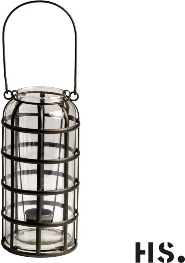 Home Society metaal - glas -lantaarn - theelichthouder - kandelaar - tuin - tuinverlichting Antraciet en doorzichtig glas