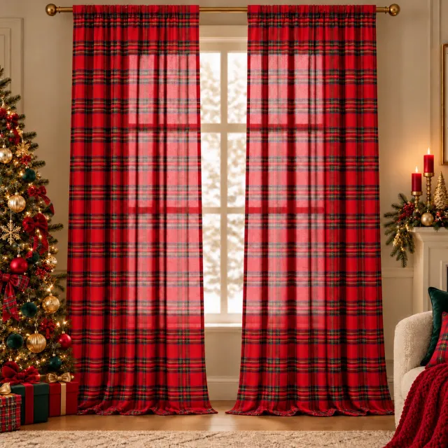 Qelus 2 Stuks Kerstgordijnen - Lichtdoorlatende Vitrage met Schots Ruitpatroon - Met Tunnelzoom en Verborgen Lussen - Kant-en-klare Raamdecoratie voor Woonkamer, Slaapkamer en Eetkamer - Rood - 132 x 214 cm
