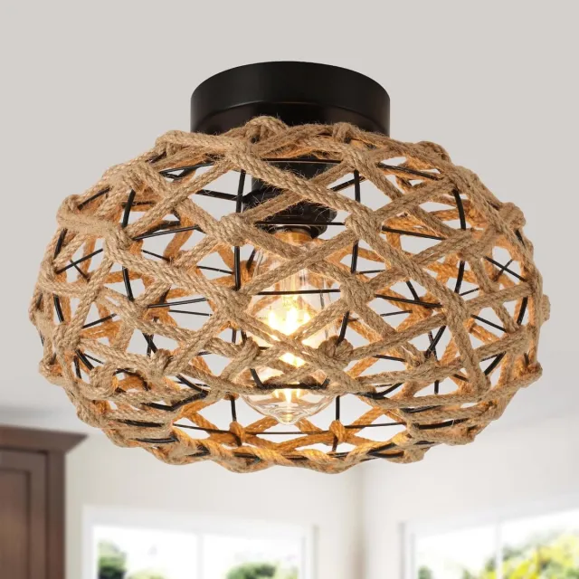 Flintry Rieten plafondlamp - Diameter 30 cm - Gevlochten half ingebouwde plafondlamp - Kust Bohemian rieten lamp - Geschikt voor boerderij, slaapkamer, hal, entree en keuken - Zonder lampen Lichtgeel