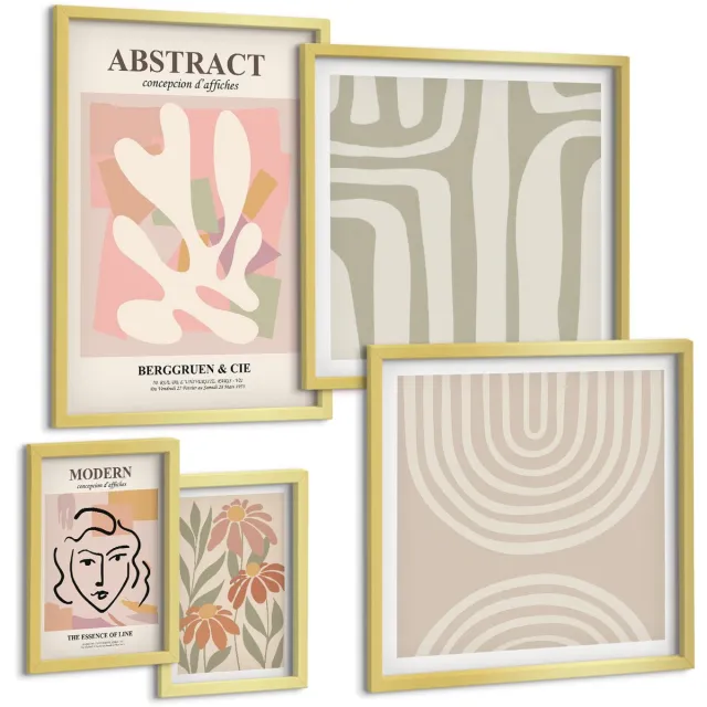 TULUP 5-Delige Schilderij Set - Stijlvolle abstracte composities met plantmotieven - 50 x 50 cm, 20 x 30 cm en 40 x 60 cm - Muurdecoratie - Decoratieve Schilderijen - Wohnzimmer Gouden lijst