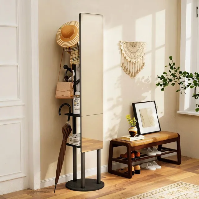 BLACKCOLORS Kledingrek met staande spiegel en opbergruimte, multifunctioneel 360° draaibaar kledingrek, staande spiegel voor de slaapkamer, kledingrek met haken, 174*40 cm (zwart)