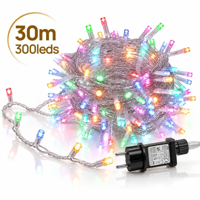 LAPAMAX LED Lichtsnoer - Kerstverlichting 30 m 300 LEDs Meerkleurig - Zonder Tail Plug - 31 V Laagspanning met Timer, Geheugen en 8 Lichtstanden - Kerstboomverlichting met Adapter en 3 m Aanloopsnoer