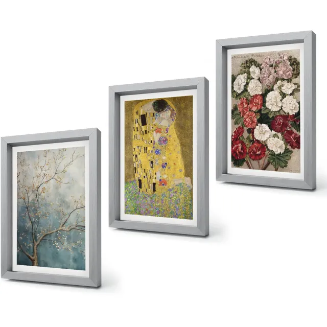 Coloray 4-Delige Schilderij Set - Bloemen en bomen in de schilderstijl van De Kus van Gustav Klimt. - 20 x 30 cm - Moderne Wanddecoratie - Slaapkamer Zilveren lijst