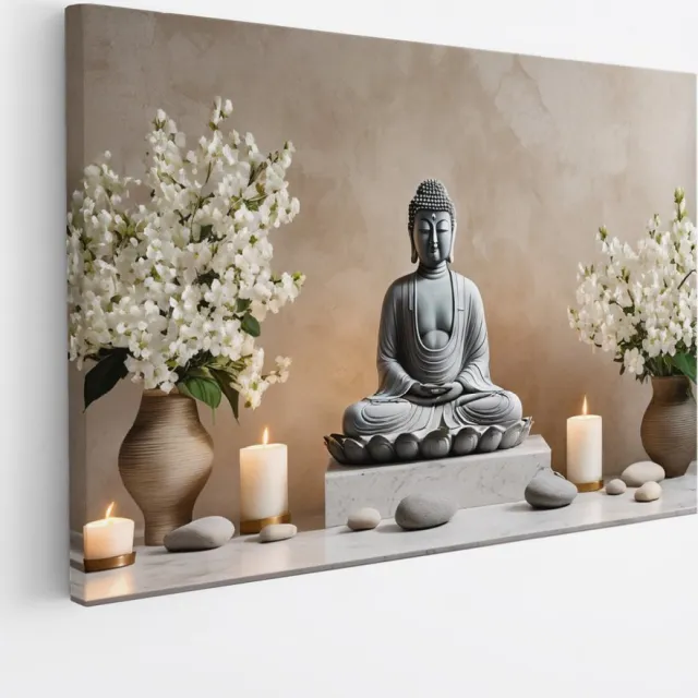 Saammp Canvas Schilderij - Boeddha met kaarsen en bloemen - 120x80 - Foto op canvas - Wanddecoratie - Muurdecoratie Woonkamer - Canvas schilderijen Multicolor