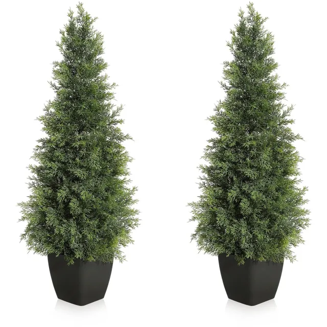 Triumpunpre 90cm UV-bestendige kunstceder topiary set – Kunstcipres planten voor huis- en buitendecoratie – Onderhoudsvrije groenblijvende struiken – In pot voor portiek, kerst en jaarrond gebruik – Meerdere maten