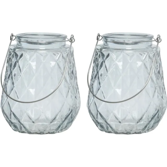 Decoris 2x stuks theelichthouders/waxinelichthouders ruitjes glas ijsblauw met metalen handvat 11 x 13 cm - Windlichtjes/kaarsenhouders Lichtblauw