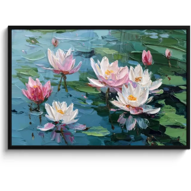FrameYourWall Poster in lijst - Fotolijst 120x80 cm - Posters - Waterlelies - Bloemen - Roze - Water - Posterlijst zwart - Decoratie - Wanddecoratie woonkamer - Muurdecoratie slaapkamer