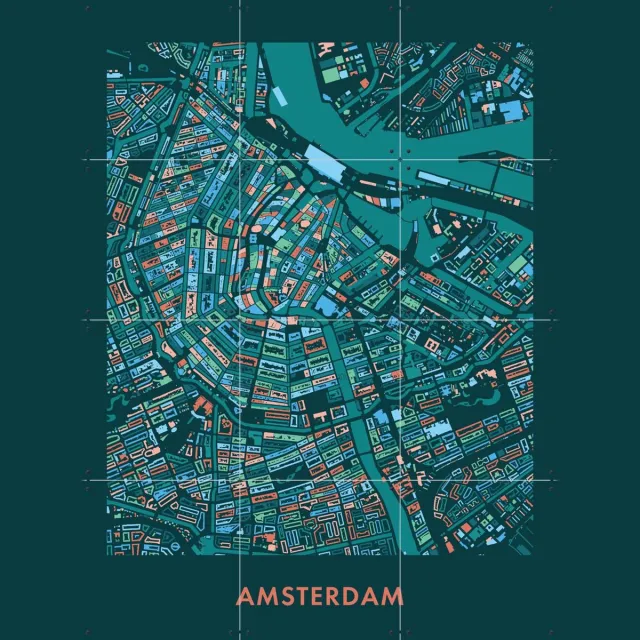 IXXI Amsterdam Mozaïek Teal, Kunst in Kaart - 60 x 80 cm - Grote wanddecoratie en posters - Modern, Kleurrijk, Digitale Kunst, Illustraties Blauw / Groen
