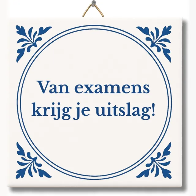 Niet mokken NietMokken.nl – Tegeltje “Van examens krijg je uitslag” – Grappige tegel met ophanghaakje met tekst – Leuk als cadeau – 15x15 cm – Keramiek – Ophangbaar – Origineel en humoristisch wit/delftsblauw