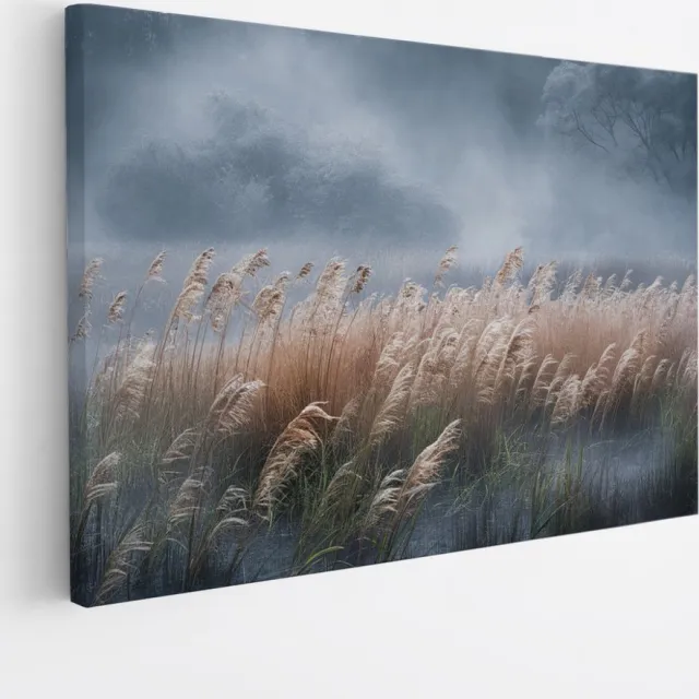 Saammp Canvas Schilderij - Hoog gras in de mist - Zonsondergang - Landschap - Natuur - 100x75 - Foto op canvas - Wanddecoratie - Muurdecoratie Woonkamer - Slaapkamer decoratie - Canvas Print Multicolor