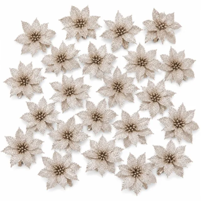 Cosy & Trendy Decoratie rozen bloemen - 18x st - champagne - glitter - op clip - 8 cm - kerstversiering