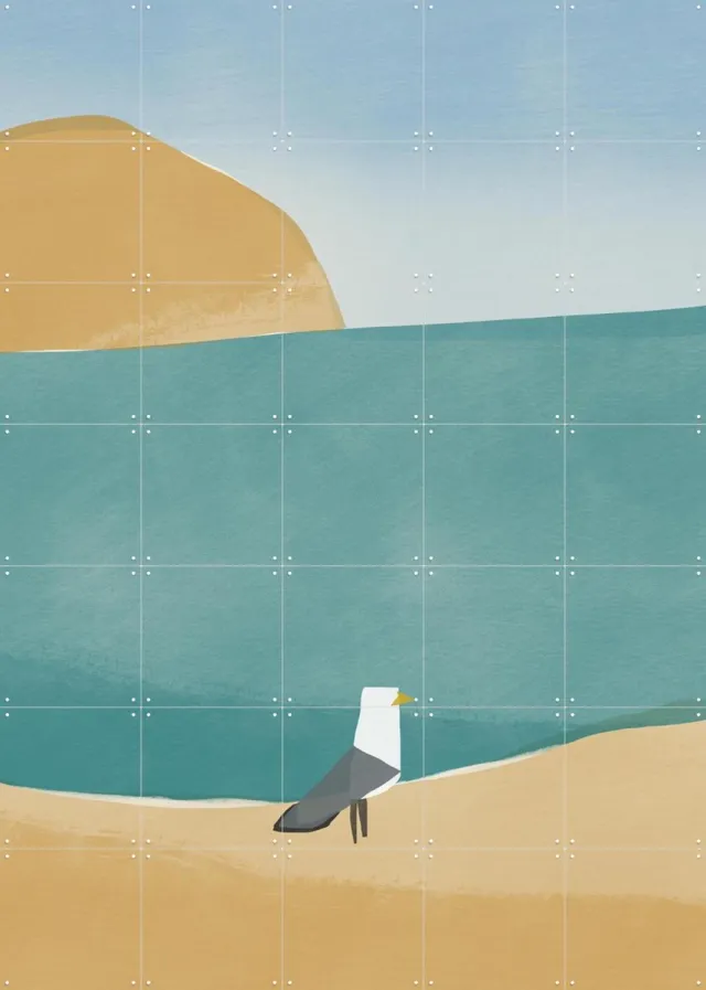 IXXI Seaside Serenity, Little Dean & Various - 100 x 140 cm - Grote wanddecoratie en posters - Aquarel, Kleurrijk, Speels, Surrealisme, Geometrische Beige / Grijs / Blauw