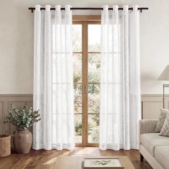 Famanu Witte gordijnen met kruismotief, set van 2 panelen, romantische raamdecoratie van linnenlook stof