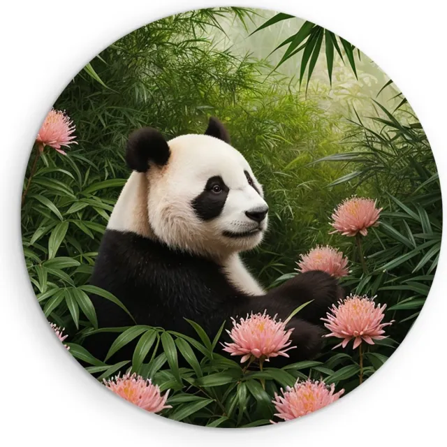 Saammp Forex Muurcirkel - Panda tussen de roze bloemen - Natuur - Dieren - Ø 50 - Wandcirkel - Wanddecoratie Cirkel - Muurdecoratie Woonkamer - Slaapkamer decoratie - Rond Schilderij