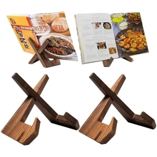 PromoHome 2 stuks houten kookboekstandaard, boekenhouder leesstandaard voor keuken, receptenhouder, boekenstandaard van grenenhout, vintage design voor kookboeken en tijdschriften Bruin