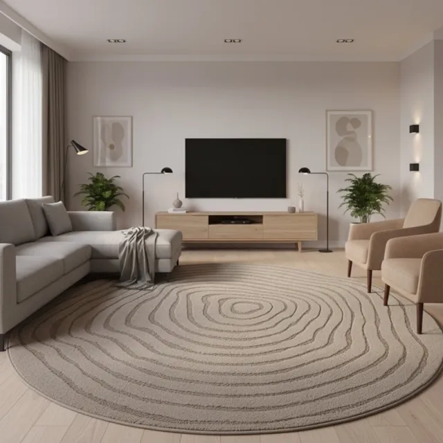 TapisTrend Designer tapijt Bruin Modern rond vloerkleed met verhoogde concentrische organische lijnen voor woonkamer en slaapkamer