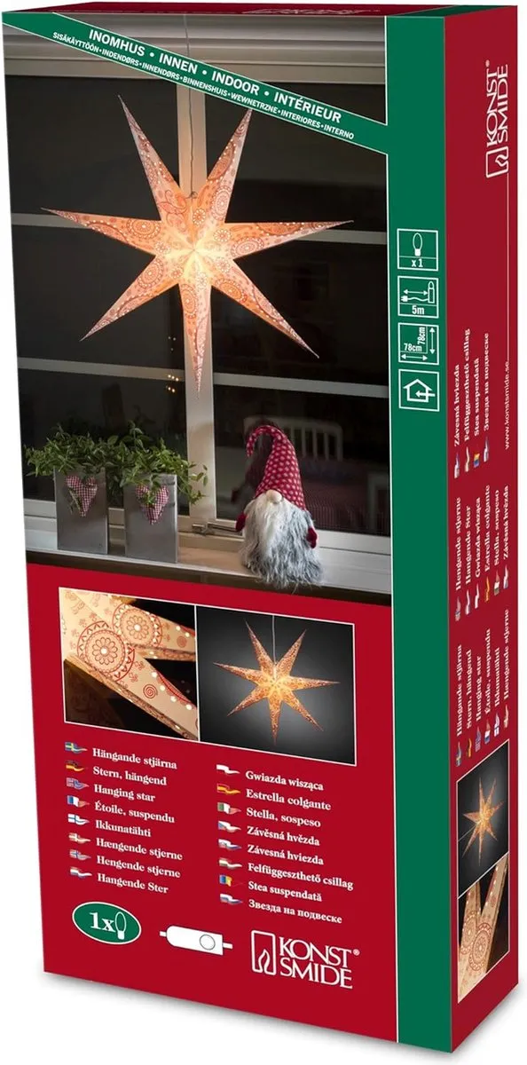 Konstsmide zevenpuntige XL kerstster papier Incl. 3 m. snoer met stekker, schakelaar en E14-fitting wit / rood - 78x78x16 cm
