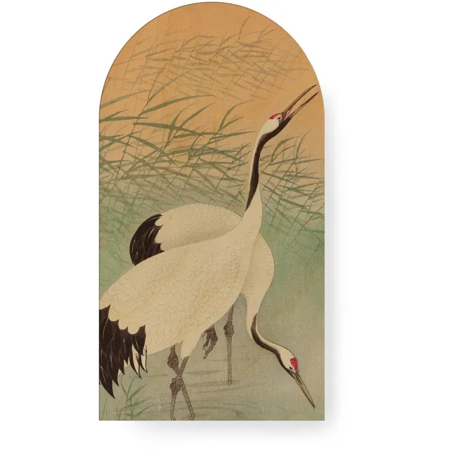 Art for the Home Canvas Boogvorm Kraanvogels in de Ochtend - Dieren - 100x54cm - Beige/Groen