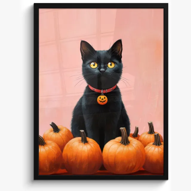 FrameYourWall Poster in lijst - Fotolijst 50x70 cm - Posters - Kat - Pompoen - Roze - Posterlijst zwart - Decoratie - Wanddecoratie woonkamer - Muurdecoratie slaapkamer
