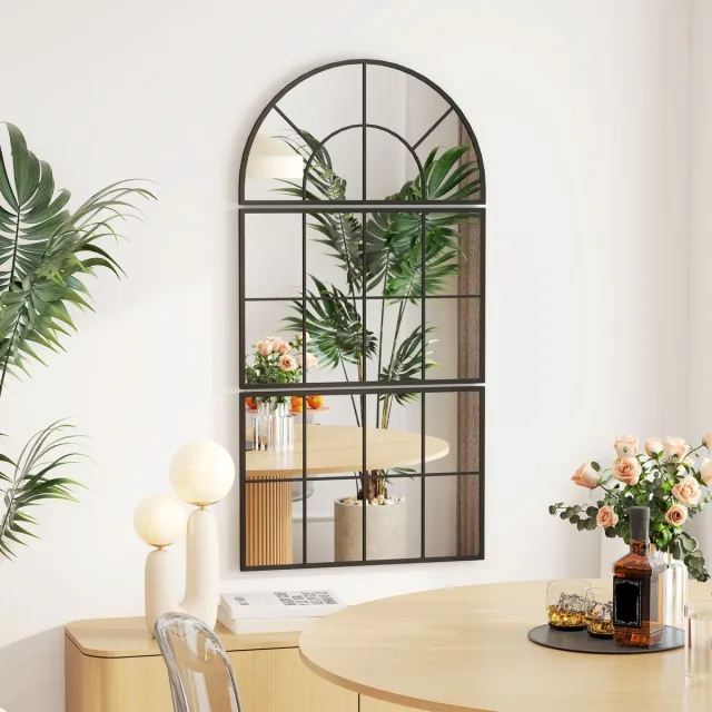 OKWISH Wandspiegel Drieledig Bogenvormig Metalen Frame 76 Cm Zwart Decoratieve Wandspiegel Voor Badkamer Woonkamer En Hal