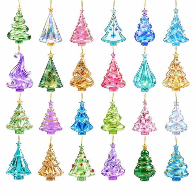 SWGOTA Adventskalender 2026 met 24 platte acryl kersthangers, kleurrijke kerstboomvormen met ophangkoord, in kartonnen doos Meerkleurig