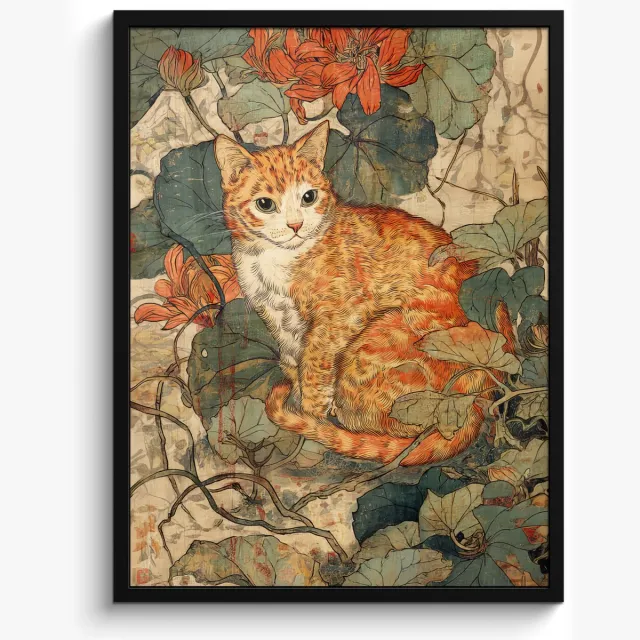 FrameYourWall Poster in lijst - Fotolijst 60x80 cm - Posters - Kat - Sierlijk - Bloemen - Posterlijst zwart - Decoratie - Wanddecoratie woonkamer - Muurdecoratie slaapkamer Kat - Bloemen