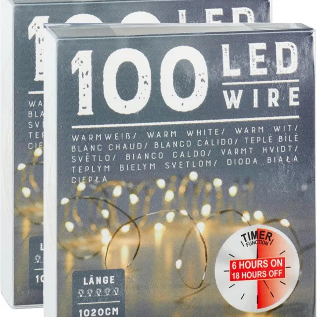 Cepewa Draadverlichting lichtsnoer - 2x - 100 cm - 100 leds - warm wit - batterij - timer - kerstverlichting