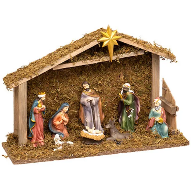Feeric lights & Christmas Feeric Christmas Kerststal - met 8 beeldjes - 22 x 11 x 35 cm - kerstdecoratie - kerstversiering stalletje met kerstbeelden Multi