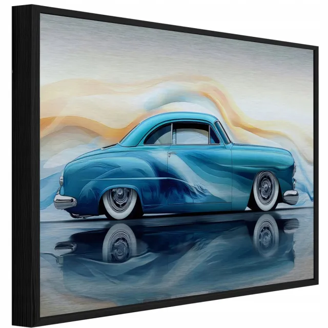 WALLARENA Schilderij op geborsteld aluminium met zwarte lijst 120x80 cm - moderne auto - wanddecoratie voor woonkamer en slaapkamer Blauw