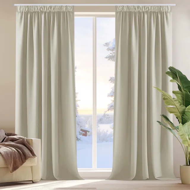 Famanu Warmtewerend gordijn, 140 x 260 cm, 2 stuks, lichtbeige, ideaal voor isolatie en verduistering in slaapkamers en woonkamers, voor een aangename temperatuur en privacy