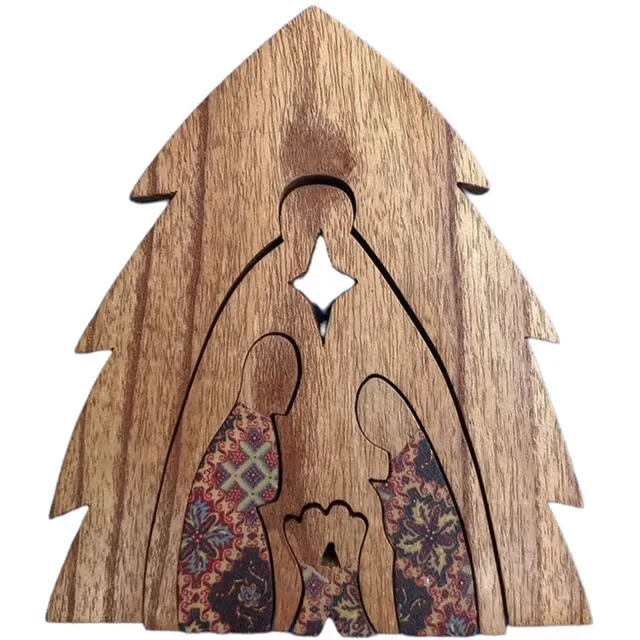 Madat Floz Design kerststal van hout - 5 losse delen als een puzzel - met stippelpatroon - fairtrade bruin