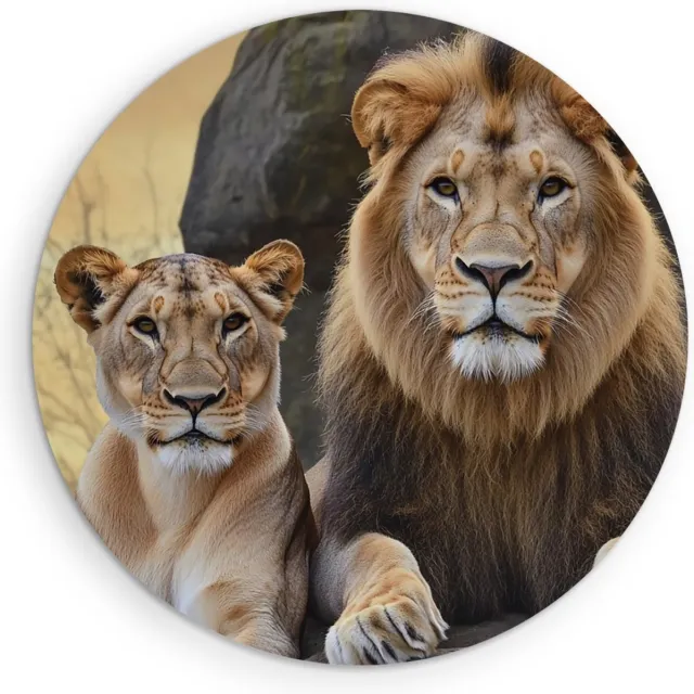 Saammp Muurcirkel Hout - Leeuw en Leeuwin op grote steen - Dieren - Natuur - Ø 70 - Wandcirkel - Wanddecoratie Cirkel - Muurdecoratie Woonkamer - Slaapkamer decoratie - Rond Schilderij