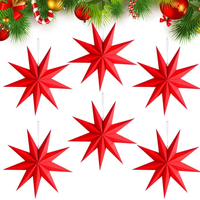 Famanu Set van zes papieren kerststerren 30 cm met negen punten Rood