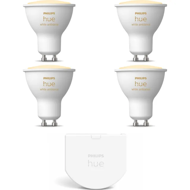 Philips Hue Uitbreidingspakket - GU10 - met 4 Spotjes - Warm tot Koelwit Licht - Incl. 1 Hue Wall Switch - Hue White Ambiance