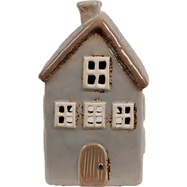Clayre & Eef Waxinelichthouder Huis 9x9x16 cm Grijs Bruin Keramiek