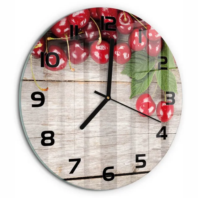 TULUP Wandklok - Kersen op hout Glazen Klok Met Print - fi30 cm - Rood Wandklok Glas Met Motief - Zwarte handen - Ronde Klok - Wandklok Glas Decoratie - Gekleurde Glazen Klok