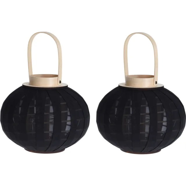 H&S Collection Set van 2x stuks houten theelichthouder / lantaarn met stof zwart 21 cm - Waxinelichtjeshouder - Windlicht voor kaarsjes van hout