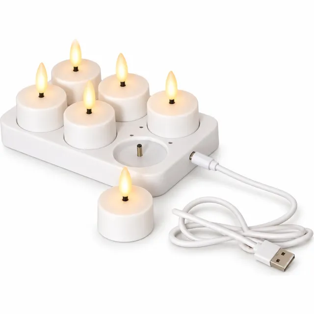 Vintag Oplaadbare LED theelichten - Set van 6 - Wit - Met oplader en kabel - 3,9 x 4,7 cm